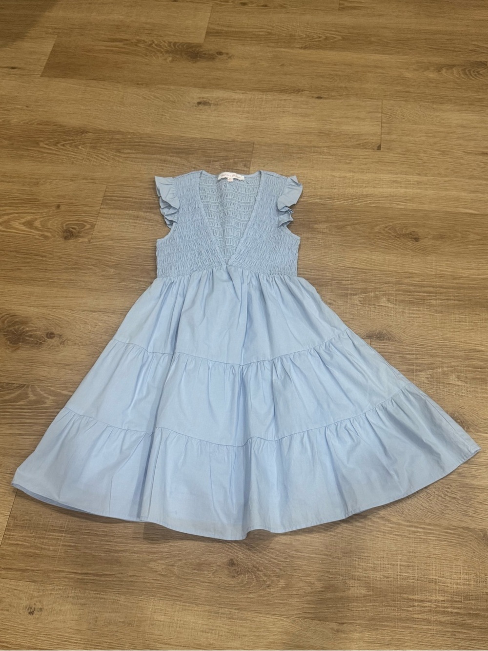 Meet Me in Santorini Blue Smocked Tiered Mini Dress Ruffle Sleeve Size Small